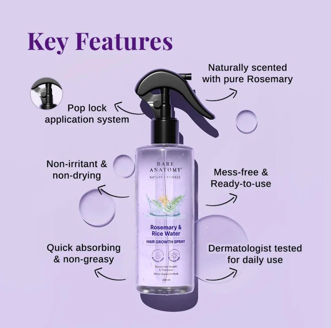 Rosemary Water Spray for Hair Growth & Hair Fall Control - With Rice Water & 100% Natural Extracts - 200ml